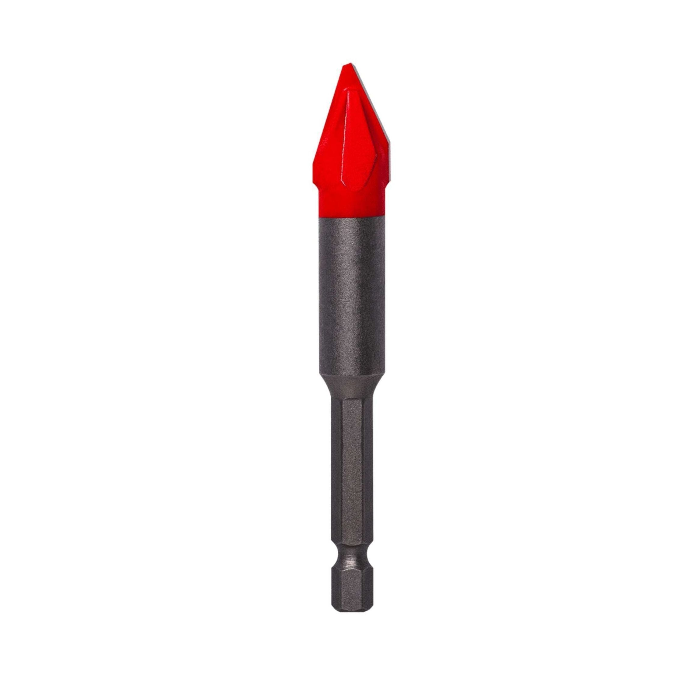 The DIABLO DMANSP1060 1/2 in. Hard Tile & Stone Carbide Tipped Drill Bit features a gray metal shaft and vibrant red carbide tip on a white background, with a hexagonal shank for easy drill attachment.